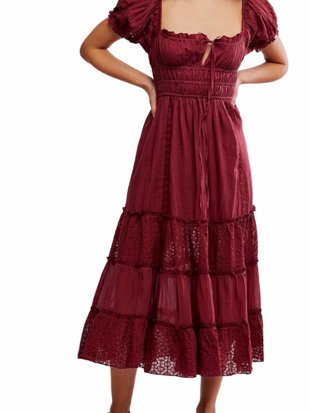 Free People Burgundy Tiered Midi Dress with Puff Sleeves